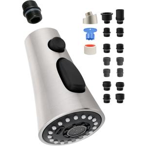 Universal Kitchen Faucet Head Replacement with 15 Adapter Kit Compatible with American Standard/Kohler/Moen/Delta Faucets, 3 Function Pull Down Sink Faucet Spray Head, Brushed Nickel