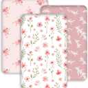 Bassinet Sheets 33x20 for Baby Delight, Newton,Airclub,Maxi Cosi,Angelbliss,Dream on Me,Mika,Harppa,Amke,ezebaby Rectangle Bassinet Mattress - Pink Floral 3 Pack Girl