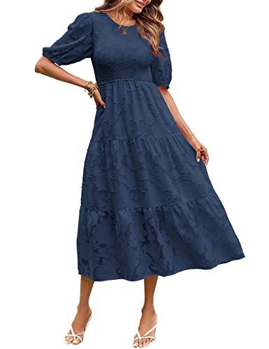 MEROKEETY Women's 2025 Boho Short Sleeve Crewneck Smocked Dress Floral Swing A-Line Beach Dresses,Navy, XL