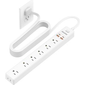 10 Ft Power Strip Surge Protector - 7 Outlets 4 USB Ports (2 USB C), Ultra Thin Flat Extension Cord & Flat Plug, 1700 Joules, Wall Mount, Desk Charging Station for Home Office Dorm, White