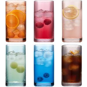 Physkoa Colored Ribbed Drinking Glasses Set of 5 - Vintage Highball Glasses Colorful, Embossed Ribbed Design Tumbler Glass for Cocktail, Juice, Mixed Drinks, Water, Holiday Party Supplies Gifts