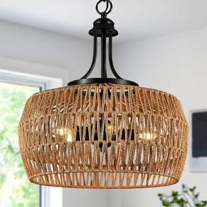 Large Farmhouse Boho Chandelier for Dining Room, 5-Light Rattan Chandelier with Woven Lampshade, Adjustable Height Coastal Hanging Pendant Lighting for Kitchen Bedroom Island Hallway, 5-Lights 18.1 in