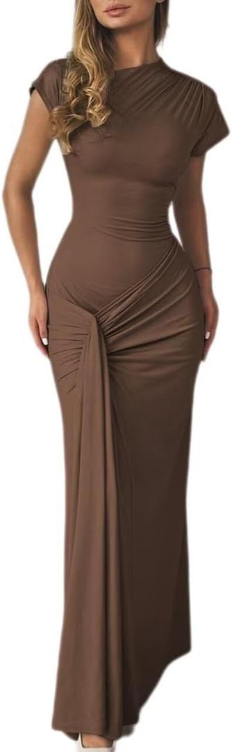 Mojessy Women Bodycon Maxi Dress Sexy Mock Neck Lace Up Bandage Ruched Short Sleeve Long Dress Cocktail Dress (Size Small, Brown)