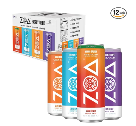 ZOA Zero Sugar Energy Drinks, Variety Pack - Sugar Free with Electrolytes, Healthy Vitamin C, Amino Acids, Essential B-Vitamins, and Caffeine from Green Tea (MS, TP, FG, WO)- 12 Fl Oz (12-Pack), BBD 08/13/2026