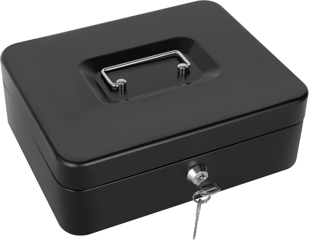 Cash Box with Lock and Money Tray Metal Money Box for Cash Lock Box for Money 9.84" x 7.87" x 3.54" Black