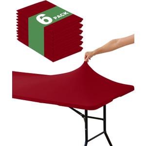 KeyWave Fitted Tablecloth Rectangle Table Cloths - 6 Pack 6 Foot Elastic Stretch Folding Table Top Cover Water-Resistant Reusable for Outdoor Picnic Camping Party Event, Red, 72" L x 30" W