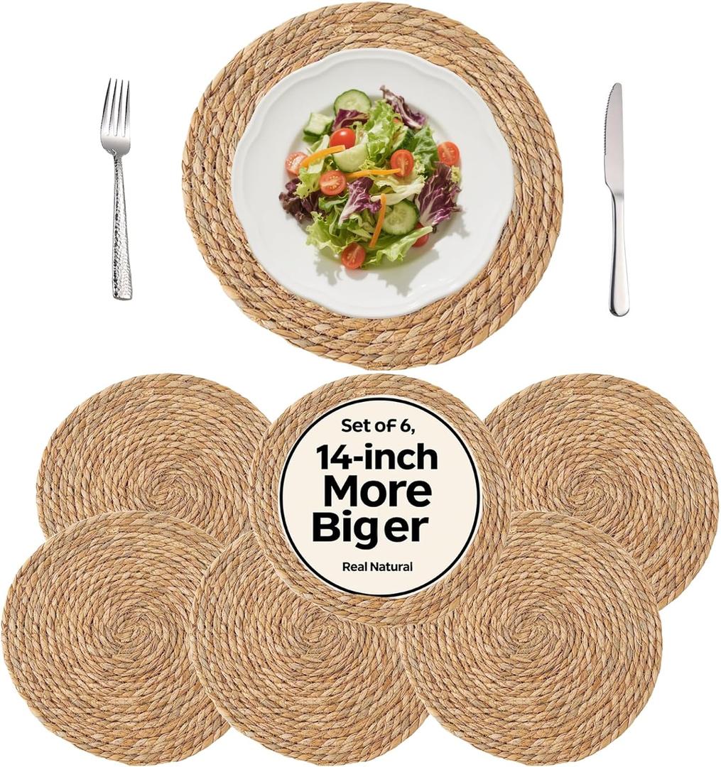 13.8" Round Woven Placemats Set of 6 - Boho Farmhouse Rattan Chargers for Dinner Plates, Braided Jute Table Mats for Dining Decor, Natural Water Hyacinth Heat Resistant Place Mats