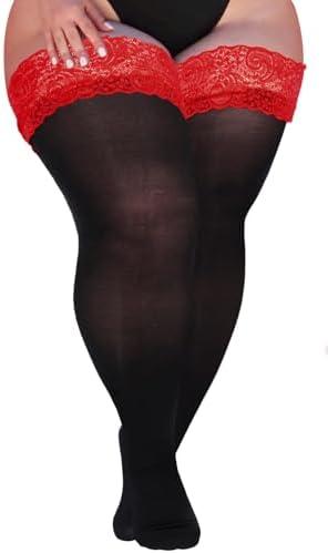 Neoviancia Plus Size Thigh High Stockings Women Sheer Lace Top Stay Up Pantyhose 55D Lingerie Thigh Highs