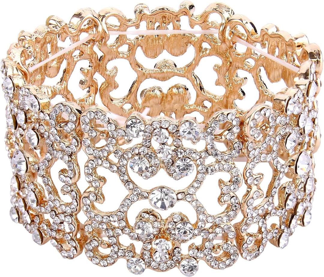 EVER FAITH Women's Austrian Crystal Bride Heart Art Deco Elastic Stretch Bracelet Clear (Clear Gold-Tone), Item Display Length: 6.7 Inches
