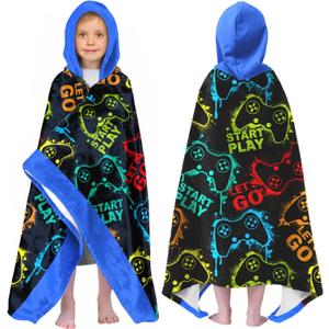Video Gamer Boys Beach Towel with Hoodie for Kids Toddlers Age 4-8,Game Controller Black Bath Towels Shower Wrap for Boys, Hooded Poncho Beach Blanket for Pool Swimming Wearable Bath Towel for Child (30'' X 50'')