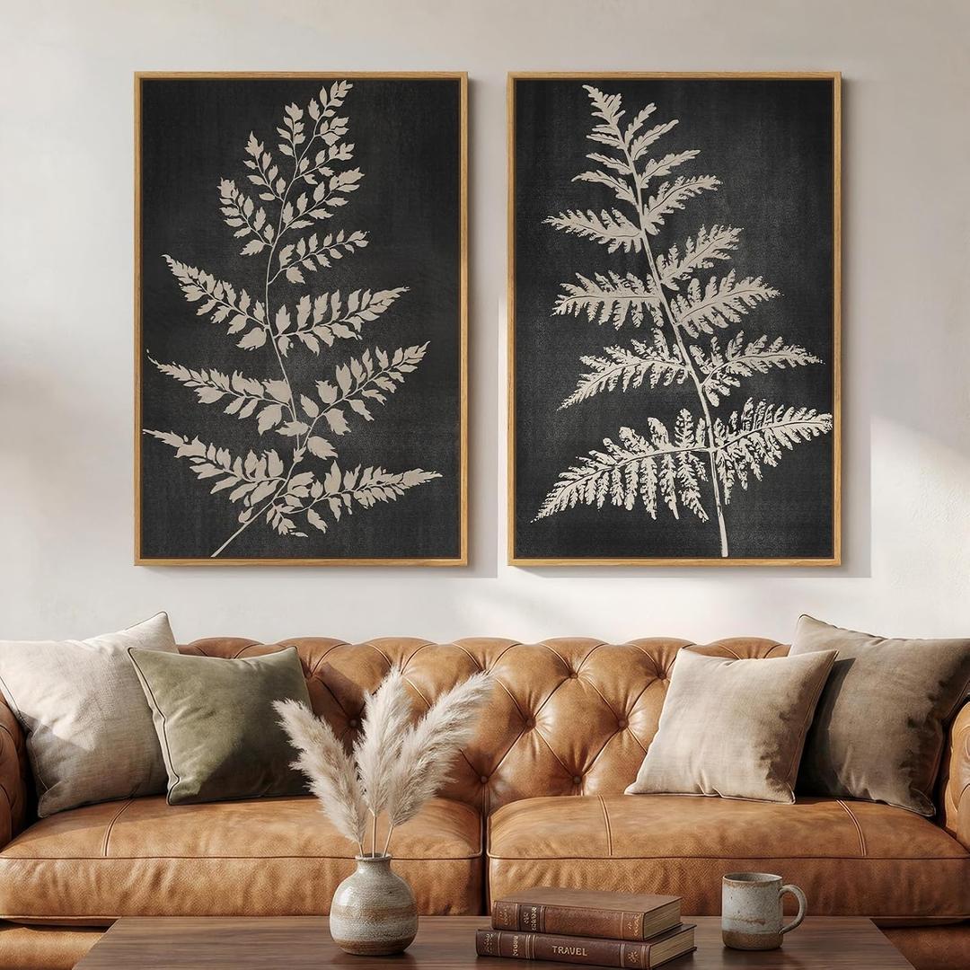 Large Framed Vintage Botanical Wall Art Set of 2, Black Neutral Retro Leaf Canvas Paintings Prints, Rustic Minimalist Modern Farmhouse Pictures for Living Room Bedroom Office Wall Decor, 24x36 Inch, 24" W x 36" H x 2Pcs