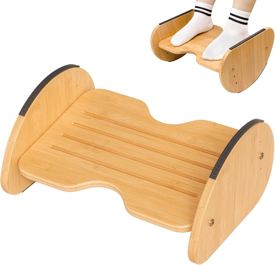 Amazer Bamboo Foot Rest for Under Desk at Work, 2-in-1 Reversible Rocking Footrest Adjustable Foot Stool, Ergonomic Footrest for Under Gaming Desk, Feet Support Leg Footstools for Home Office