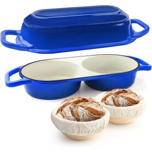 Mini Double Dutch Oven For Sourdough Bread Baking, 2.2QT Enameled Cast Iron
Dual Round Bread Loaf Pan with Lid, Non Stick 550°F Oven Safe Bread Pot For Homemade Bread, Meatloaf, Cake - Blue