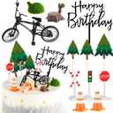 17 Pcs Bicycle Cake Toppers Bike Cake Decorations Set with 1 Bike 6 Felt Tree 7 Mini Traffic Signs Ornaments 2 Tree Stumps Miniature Figurine for Bicycle Party