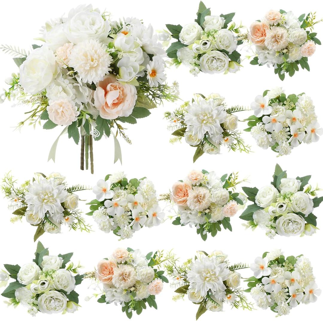 Zeyune 12 Bundles Artificial Peonies Flowers Artificial Silk Rose Faux Dahlia Fake Chamomile Hydrangea Bouquet Bulk for Vase Home Wedding Centerpiece Party Decoration(Cream White,Classic)