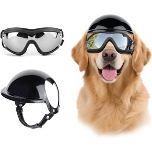 LESYPET Dog Helmet and Goggles, Large Dog UV Protection Pet Sunglasses Motorcycle Helmet, Adjustable, Riding and Driving, Black