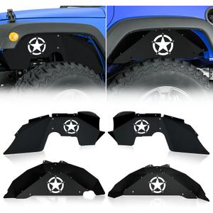 for Wrangler JK Front and Rear Inner Fender Liners Back Wheel Well Cover Compatible with 2007-2018 Jeep Wrangler JK & JKU 2/4 Doors, White Star Logo Steel Mud Guards Fender Flare Liners (4 PCS)