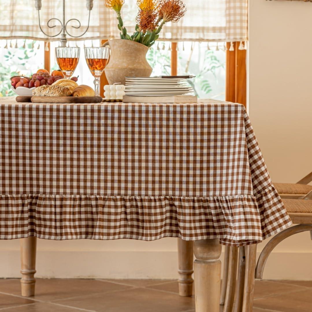 Brown Plaid Ruffled Table Cover Linen Rectangle Gingham Tablecloth Classic Farmhouse Vintage Checkered Table Cover Decorative Buffalo Plaid for Home Holiday Party 120 x 67Inches (Coffee)