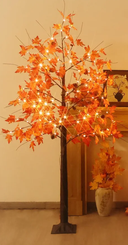 6FT Fall Tree with Lights, Thanksgiving Decorations Warm White 120 LED Maple Tree, Prelit Artificial Thanksgiving Tree, Dimmable Autumn Tree Light, Fall Home Indoor Harvest Outdoor Decor