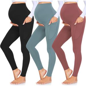 GROTEEN 3 Pack Women's Maternity Leggings with Pockets Over The Belly Workout Yoga Pregnancy Pants, Medium
