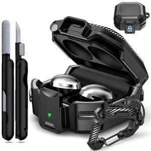 RFUNGUANGO for Samsung Galaxy Buds 2 Pro/Buds Pro/Buds Live/Buds 2 Case Cover/Galaxy Buds FE (2023), Military Carbon Fiber case with Keychain/Zipper/with Cleaner Kit(Anti-Drop Lock)-Black