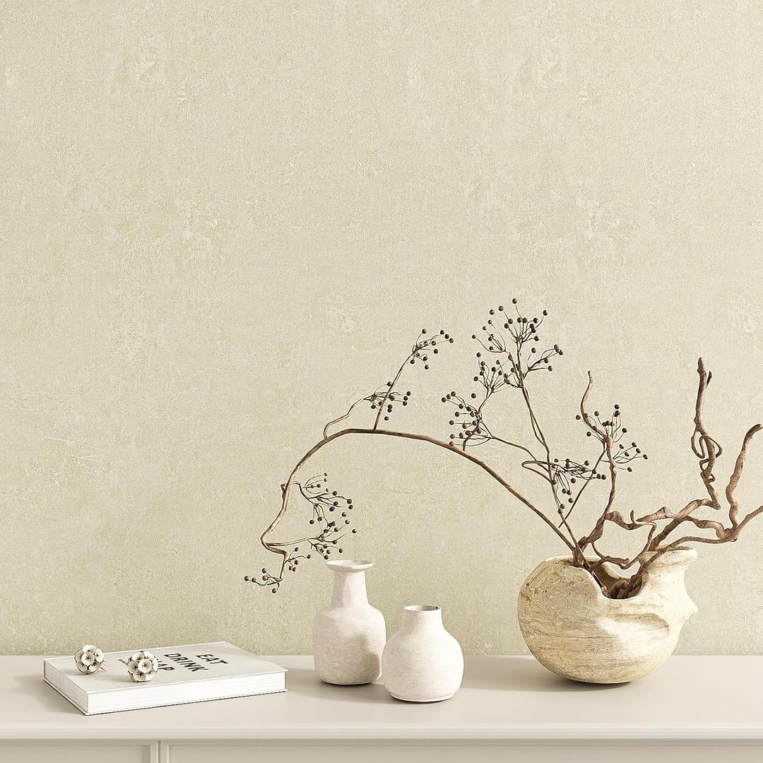 VEELIKE Cream Beige Limewash Wallpaper Peel and Stick Natural Plaster Lime Wash Contact Paper for Walls Countertops 24''x354'' Removable Self Adhesive Vinyl Beige Textured Wallpaper for Bedroom Decor