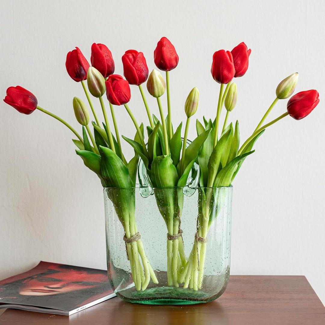 DUYONE 15pcs Artificial Tulips Flowers, Soft Touch Latex Bouquet, Fake Tulips for Office Wedding Party Home Kitchen Garden Decoration