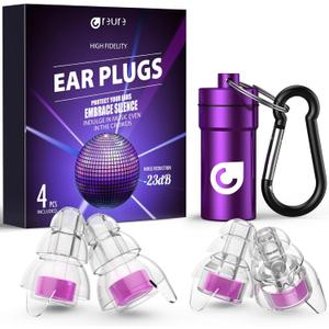 High Fidelity Concert Ear Plugs, Noise Cancelling Silicone Ear Plugs 2 Pairs Great for Concerts Loud Music, Musicians, Motorcycles, Airplanes, Raves, Hearing Protection -23 dB (Purple)
