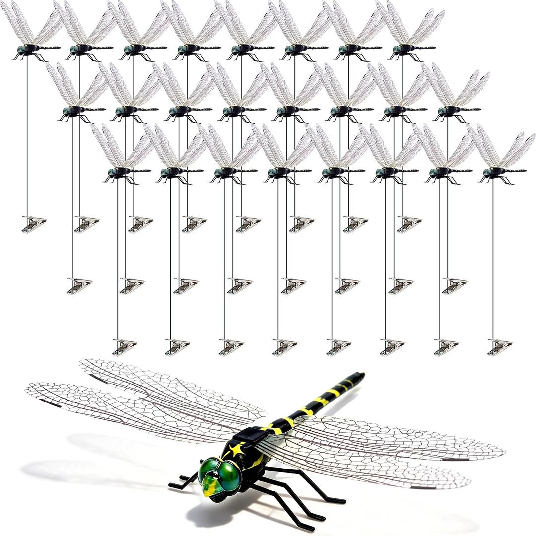 24 Pack 3D Dragonfly Clips, Fake Dragonflies with Stakes, Realistic Plastic Dragonfly Garden Decorations, Fly Deterrent Clips for Hats, Pets, Horses, Deer, Yard, Patio, Indoor & Outdoor Decor