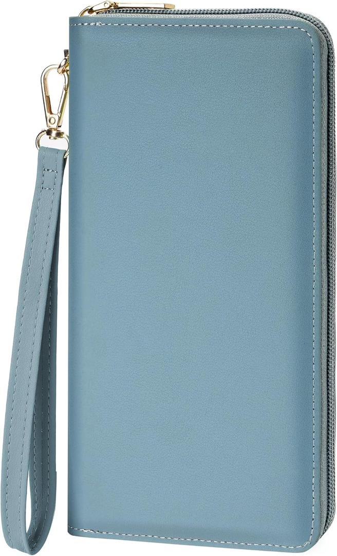 Chelmon Women's Vegan Leather Clutch Wallet with Zip, Hand Strap, Large Capacity (Natural Blue)