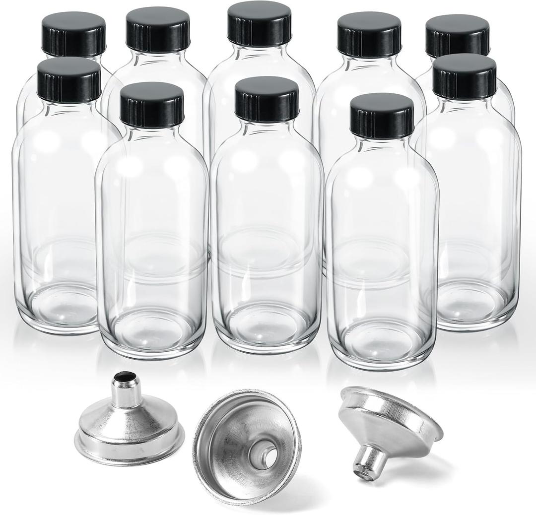 10 Pack Clear Glass Bottles, 4 oz Shot Bottle With Lids and Funnels | Leak Proof Mini Travel Bottle, Round Small Sample Bottles for Juice, Ginger Shot, Oils, Whiskey, Hot Sauce, Liquids