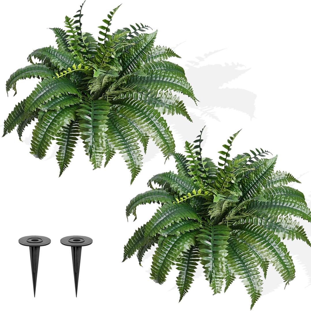 FAJUNZH 2 Pack Fake Artificial Ferns with Spike for Outdoors Look Real, 38 Branches Large Faux Boston Planter Realistic UV Resistant Hanging Artificial Fake Plants for Porch Patio