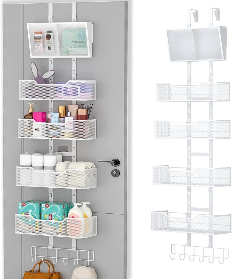 Adjustable Over The Door Organizer, Hanging Door Storage with PVC Pocket and 4 Metal Baskets Wall Mount, Closet Door Organizer Behind Door Rack for Bathroom Bedroom Closet, White