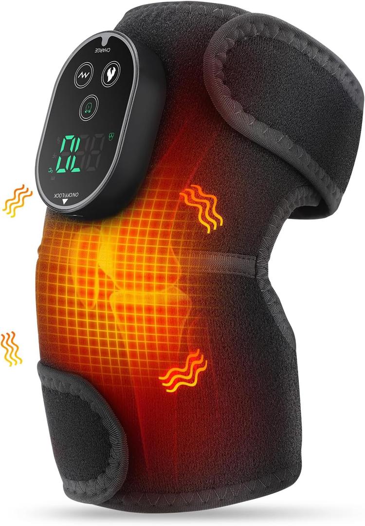 Cordless Heated Knee Massager with Vibration, FSA Eligible, Heated Knee Brace Wrap Heating Shoulder Brace Support Wrap for Knee Elbow, Heating Pad with 6 Heating Levels, 3 Massage Modes&Timer (Black)