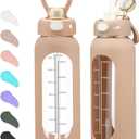 SIEROZUR 32 Glass Water Bottle with Straw and Handle Motivational Water Bottles with Silicone Sleeve and Time Marker Leakproof Borosilicate Water Bottle for Gym Home Office (Amber)