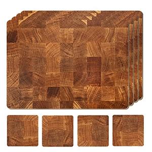 Moderry Set of 4 Heat Resistant Cork Placemats for Dining Table with Free Set of 4 Matching Drink Coasters Marble Design 16 x 12 Inches Cork Backed Hard Placemats (Honey Oak)