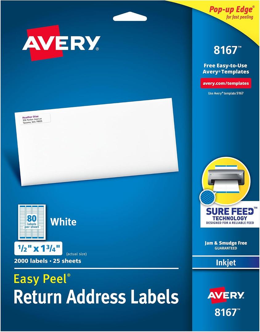 Avery Printable Return Address Labels with Sure Feed, 0.5" x 1.75", White, 2,000 Blank Mailing Labels (08167)  1/2" x 1 3/4", 2,000 labels