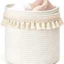 Mkono Macrame Decorative Cotton Rope Basket Boho Nursery Decor Small Cute Woven Tassel Closet Storage Bins Organizer for Baby Toys,Magazines, Potted Plants Cover,Living Room,Bedroom, 11"x11"