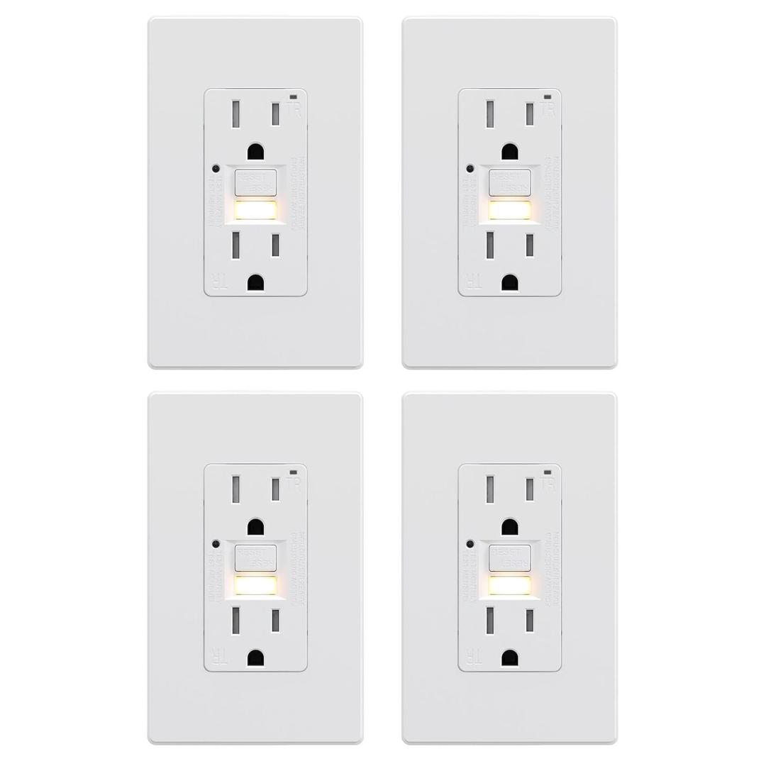 AIDA GFCI Outlet 15 Amp with Nightlight Plate,Self-Test Electrical Outlet, Tamper-Resistant Receptacle Ground Fault Circuit Interrupters, Wall Plate Included, UL Listed (4 Pack, Matte White)