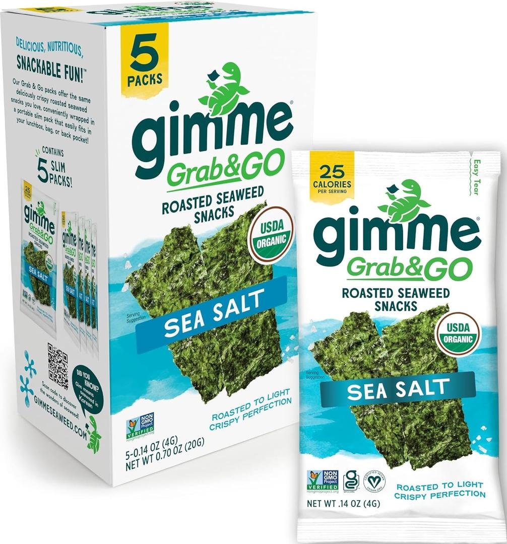 Gimme Seaweed Grab & Go Organic Premium Roasted Seaweed Snacks, Sea Salt, 5 Count Trayless, Keto, Vegan, Gluten-Free, Great Source of Omega3s and Iodine, Healthy On-The-Go Snack for Kids and Adults, BB JUL122026