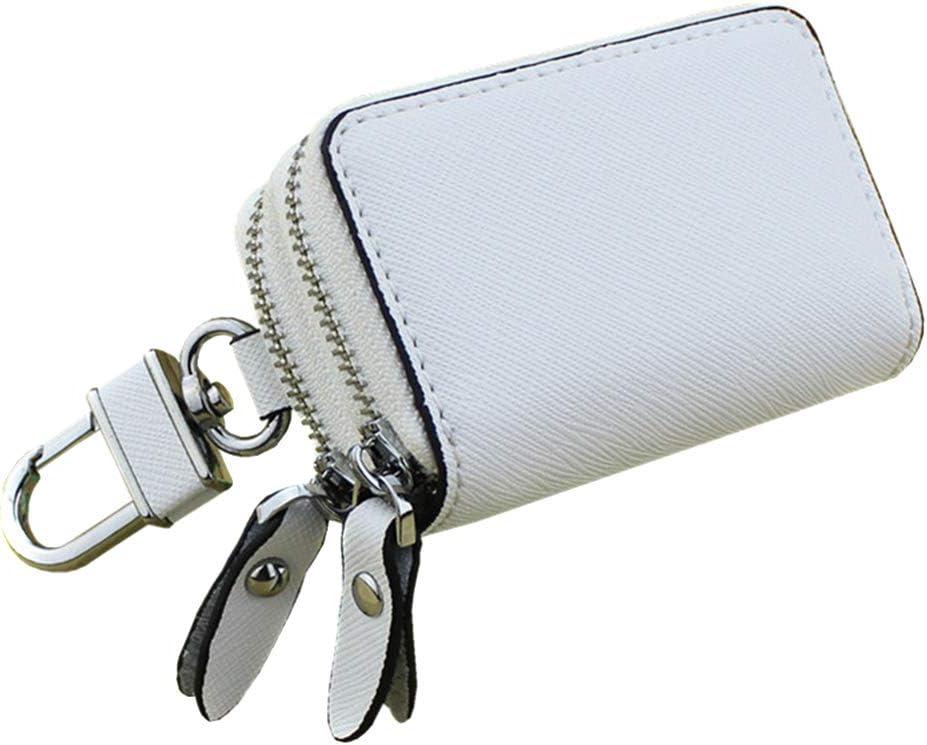 Car Key Case Genuine Leather, Car Keychain Holder with Metal Hook, 2 Sides Pocket Car Key Fob Holder for Women (White Regular)