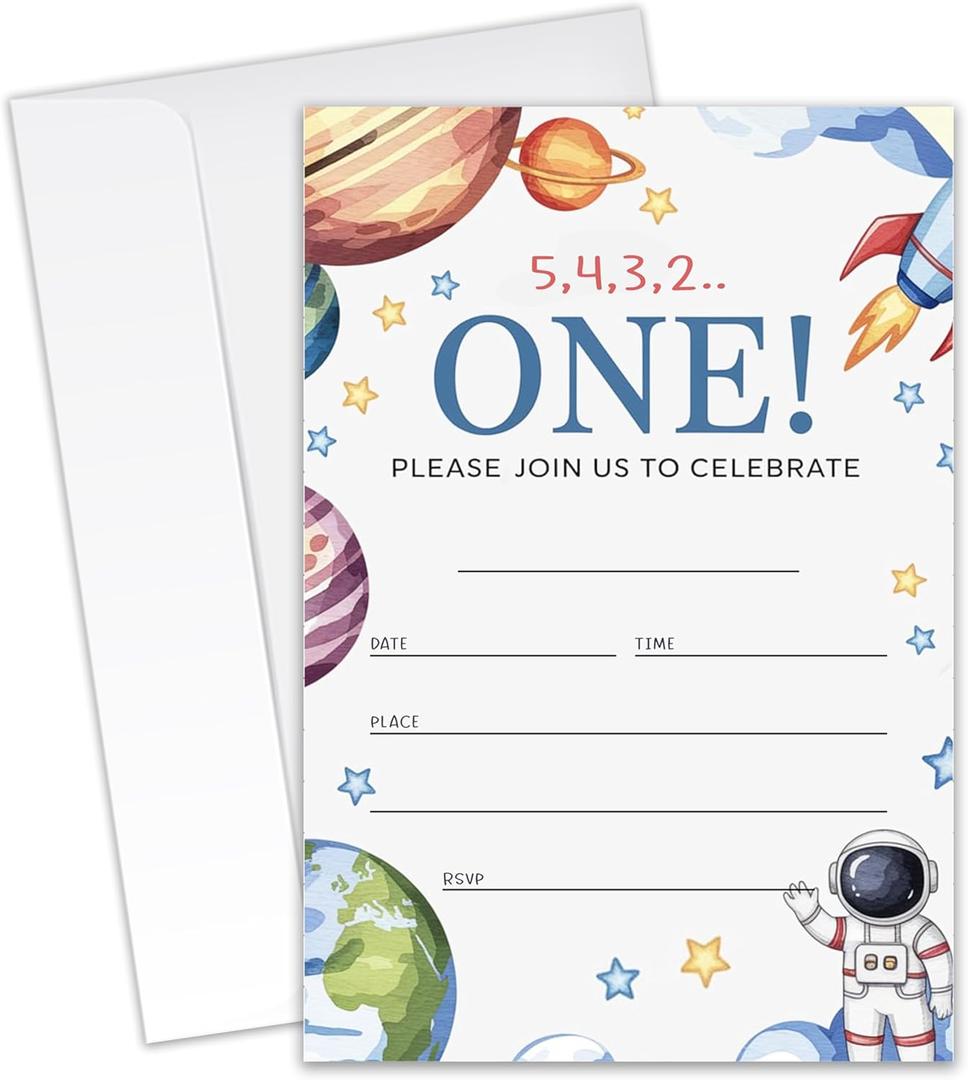 Space Themed 1st Birthday Party Invitations - 20 Invitation Cards 4"x6" with 20 Envelopes - Astronaut Space 1st Birthday Party Invites.(149)
