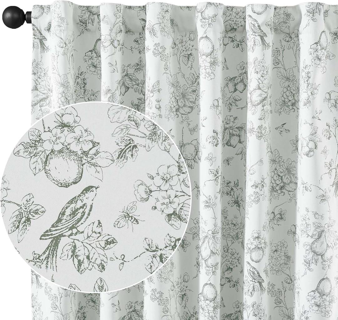Vangao Sage Green 100% Blackout Curtains for Bedroom 90 Inch Length, Country Flower Floral Curtains for Living Room Toile Cottagecore Thermal Insulated Window Drapes, 2 Panels Green and White