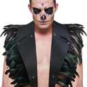 L'VOW Real Black Feather Cape with Metal Chain PU Leather Gothic Shawl Shrug Halloween Costume for Women and Men(Black)