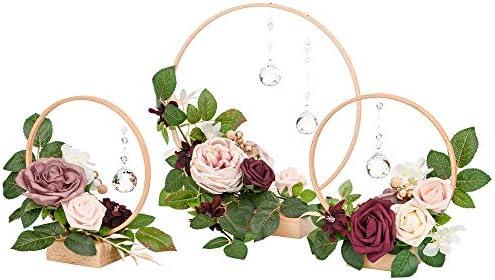 Ling's moment Crystal Wooden Hoop Wreath Floral Centerpieces for Sweetheart Table, Head Table, Ceremony Reception Artificial Flowers Decorations, Assembled (Set of 3, Dusty Rose)