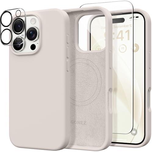 GONEZ Magnetic for iPhone 16 Pro Max Case, Compatible with MagSafe, Liquid Silicone Case, with Screen Protector + Camera Protector, Full Body Protective Shockproof Phone Cover 6.9", Stone