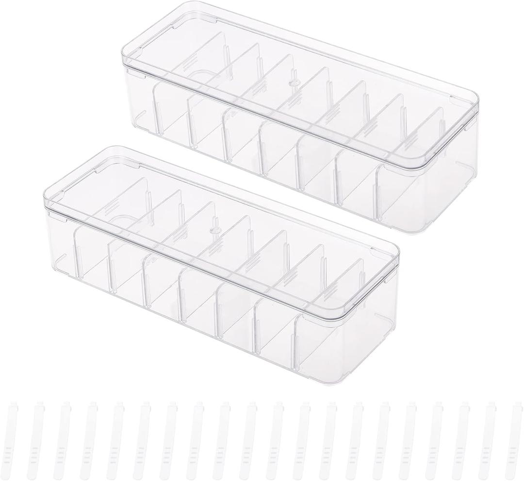 Yesesion 2pcs Clear Plastic Cable Organizer Boxes with Adjustment Compartments, Desk Accessories Storage Case with Lid and 20 Wire Ties for Drawer, Office Supply, Electronic Management