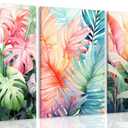 3pcs Framed Tropical Botanical Canvas Wall Art Monstera Leaves Posters Botanical Prints Bohemian style Wall Decor Pictures Palm Leaves Paintings for Bathroom living room Decoration (Colorful)