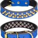 Spiked Studded Dog Collar, Genuine Leather Dog Collar, Adjustable Pet Collars for Small or Medium Pet (L, Dark Blue)