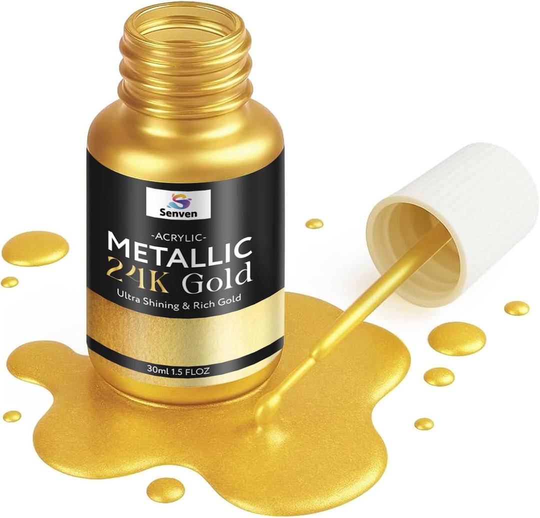 Liquid Gold Acrylic Paint Gloss Multi Surface Rich 24K Gold Paint for Metal, Wood, Plastic, Canvas, Furniture Scratch Repair, Painters Art Handcrafts, Art Supplies, 30ML, Acrylic Metallic Finish